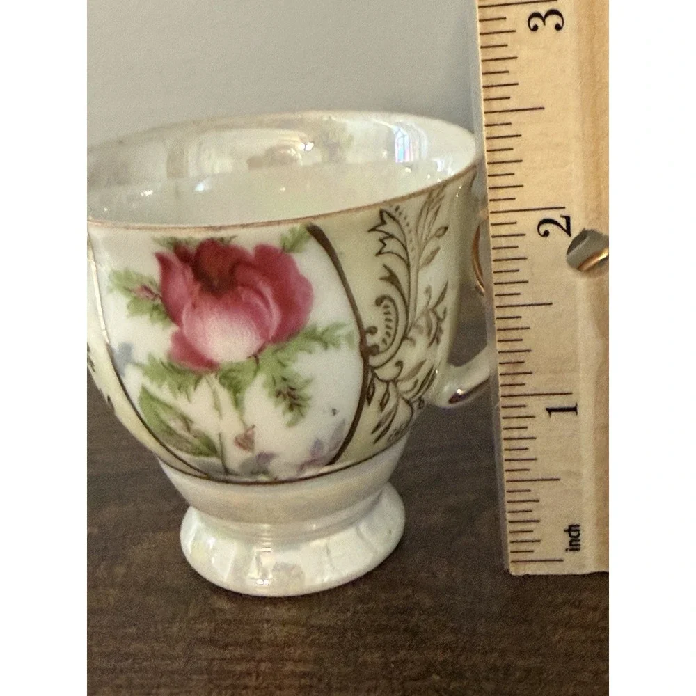Vintage 1950s Japan Demitasse Cup Saucer Pink Roses Gold Lusterware Porcelain